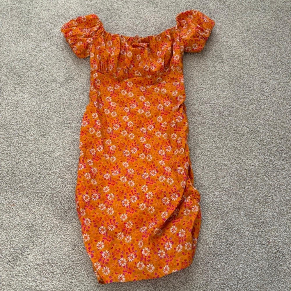 WAYF Floral Mini Dress Womens XS Orange Ruched Coquette Milkmaid Cottage Garden
